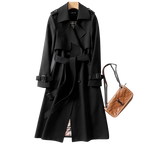 Women's long belted trench coat with double-breasted buttons, lapels and cuff straps