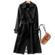 Women's long belted trench coat with double-breasted buttons, lapels and cuff straps