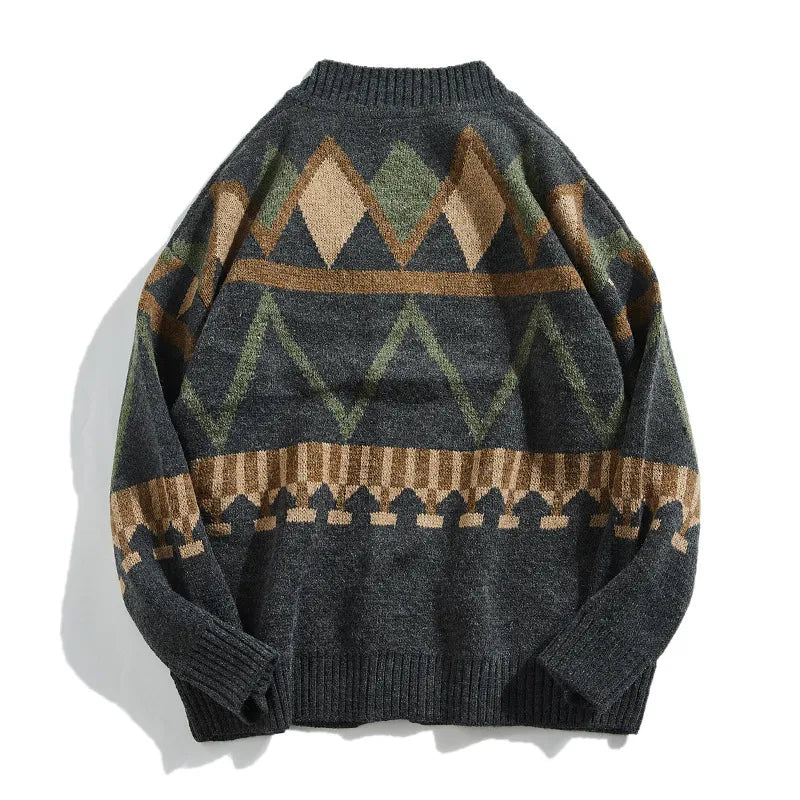 Men's grey geometric patterned cardigan with V-neck and button front