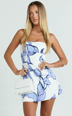 Women's blue floral strapless A-line mini dress