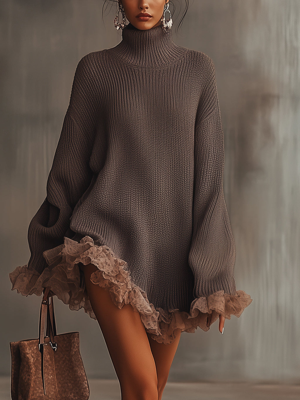 Women's brown turtleneck mini dress with long sleeves and ruffled hem