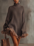 Women's brown turtleneck mini dress with long sleeves and ruffled hem