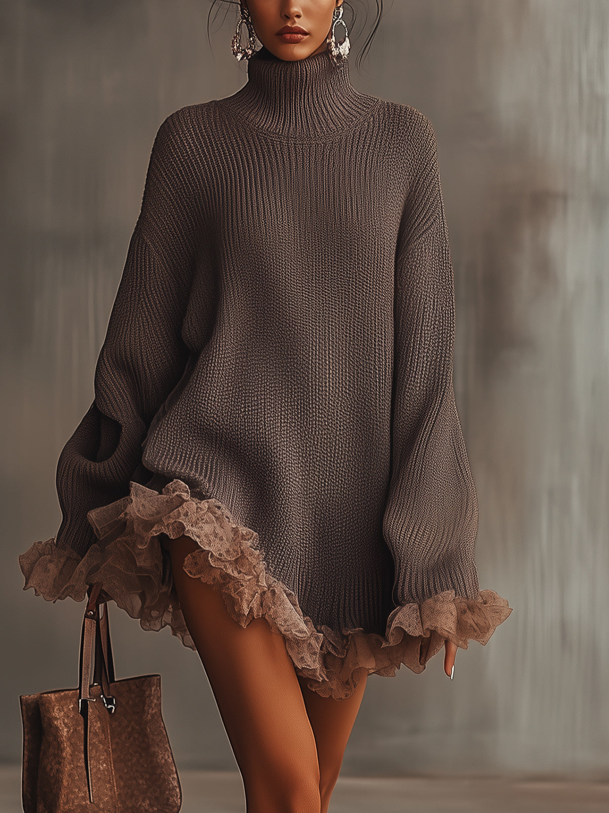 Women's brown turtleneck mini dress with long sleeves and ruffled hem