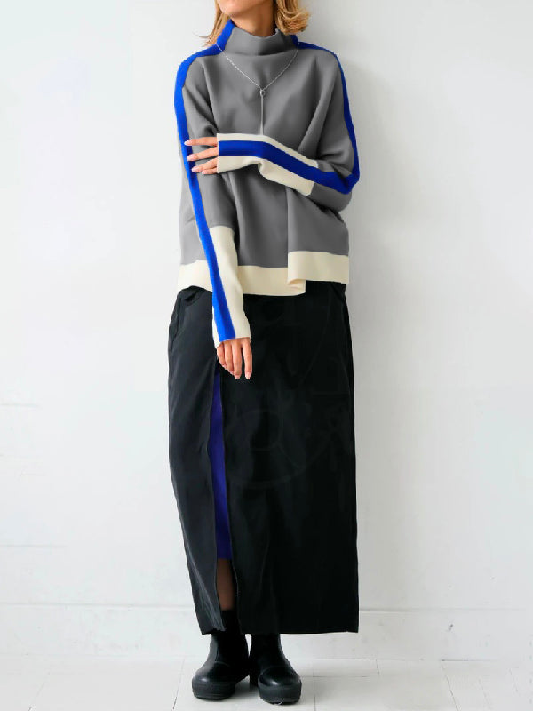 Women's colour-block high neck sweatshirt with long sleeves and contrast panels