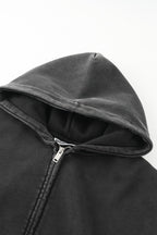 Men's black zip-up hoodie jacket with front pockets and vintage finish