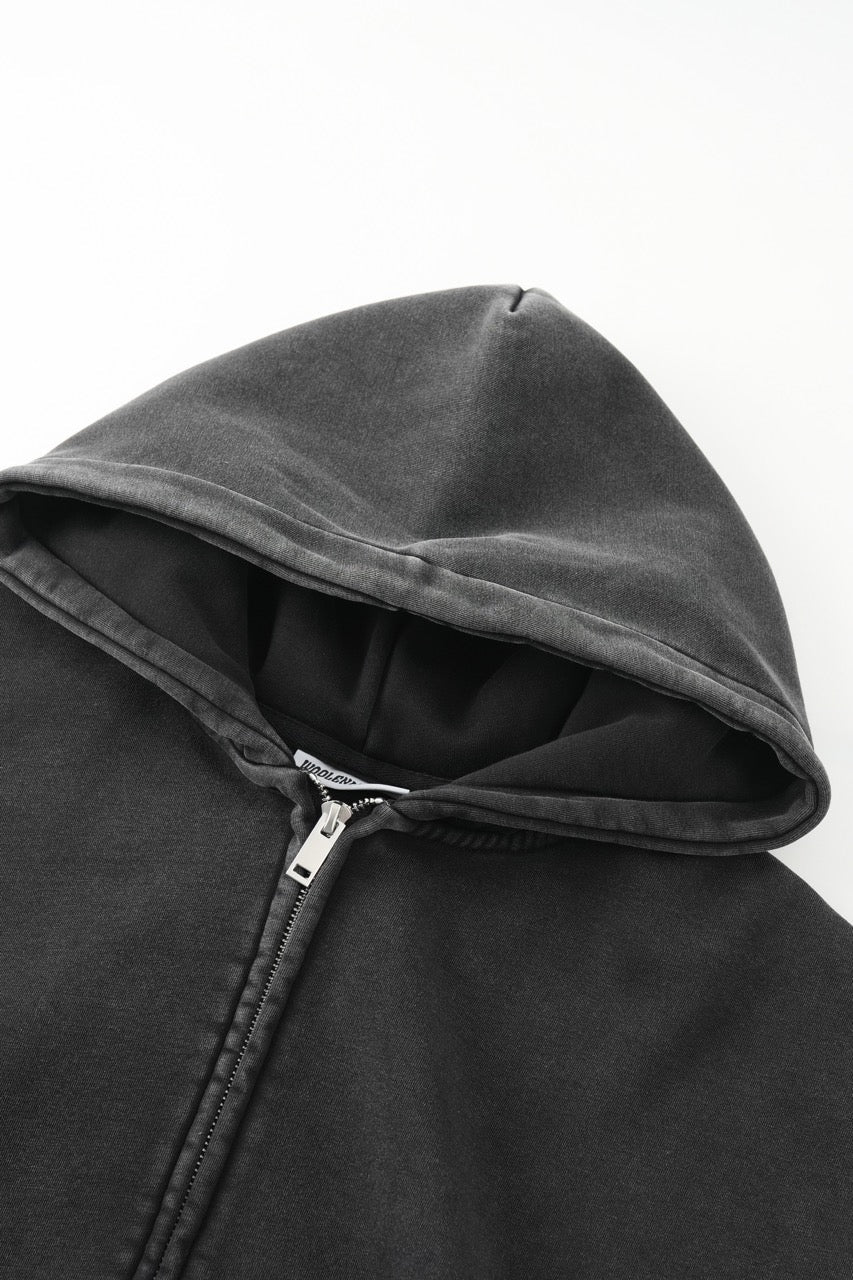 Men's black zip-up hoodie jacket with front pockets and vintage finish