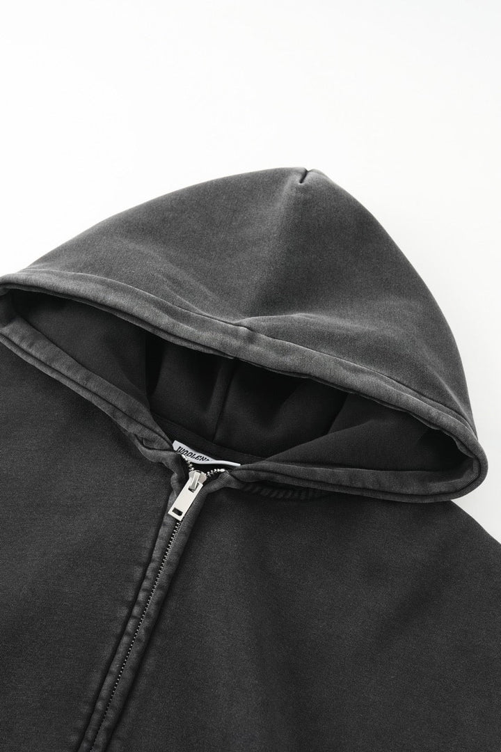 Men's black zip-up hoodie jacket with front pockets and vintage finish