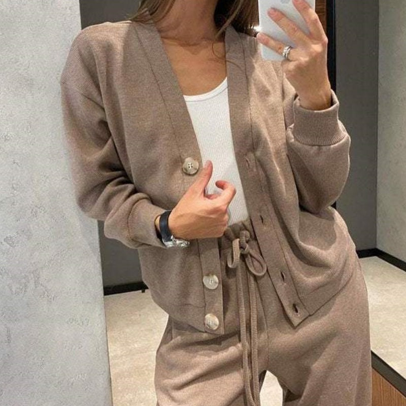Women's knit cardigan and wide-leg trousers co-ord set