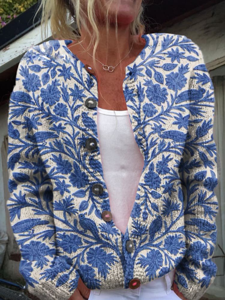 Women's floral button-front vest with long sleeves