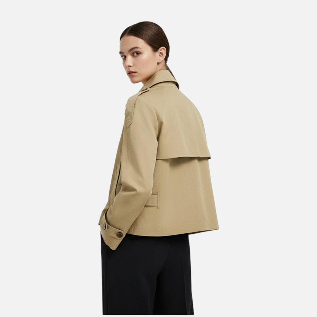 Women's short belted trench jacket with high collar and button front