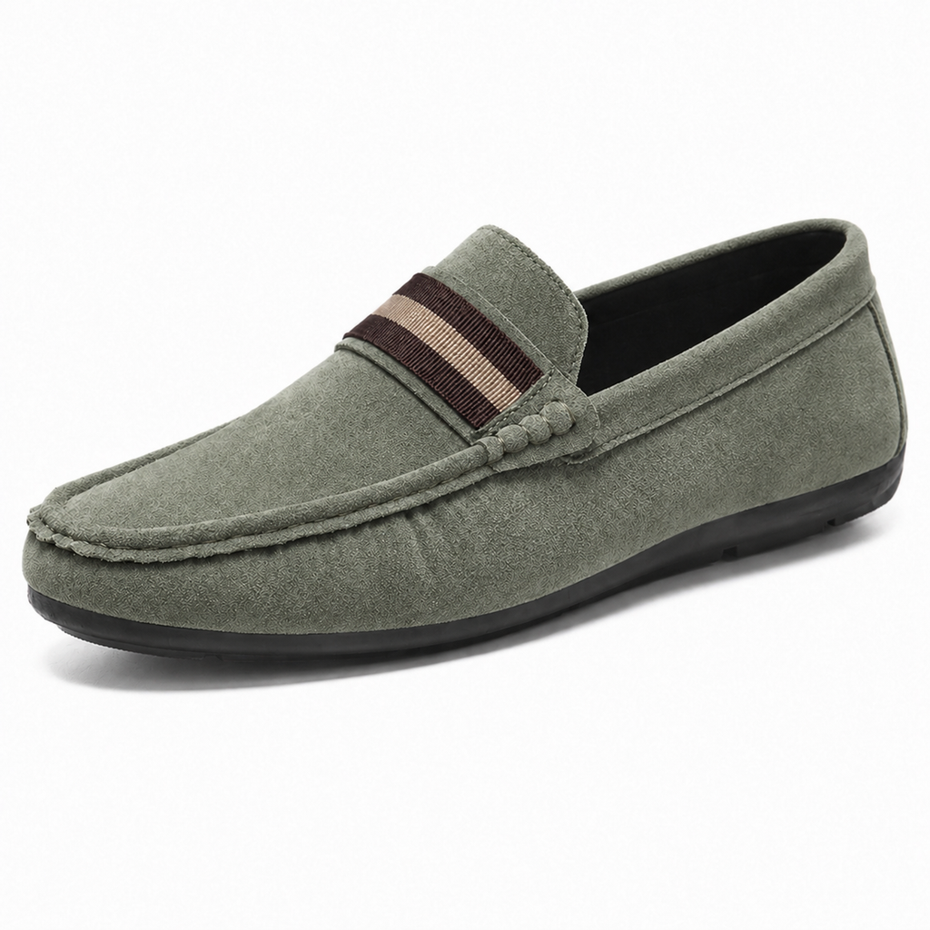 Slip-on loafers with rounded toe and contrast striped vamp detail
