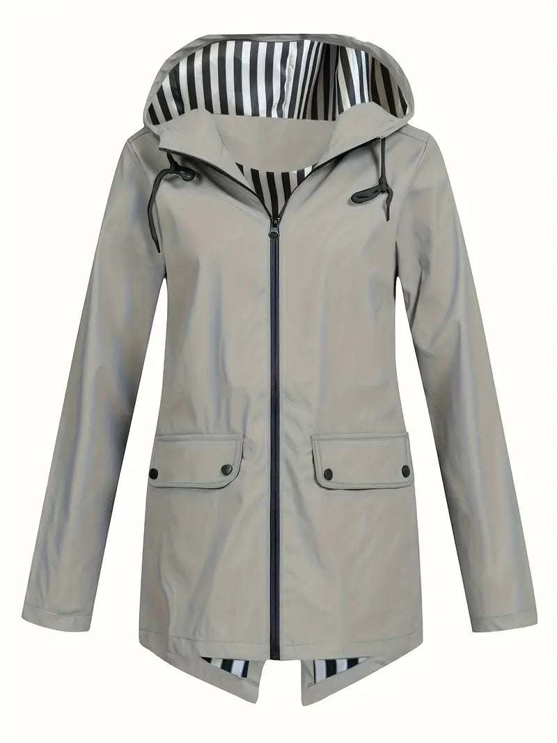 Women's hooded rain jacket with striped lining and flap pockets