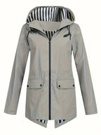 Women's hooded rain jacket with striped lining and flap pockets
