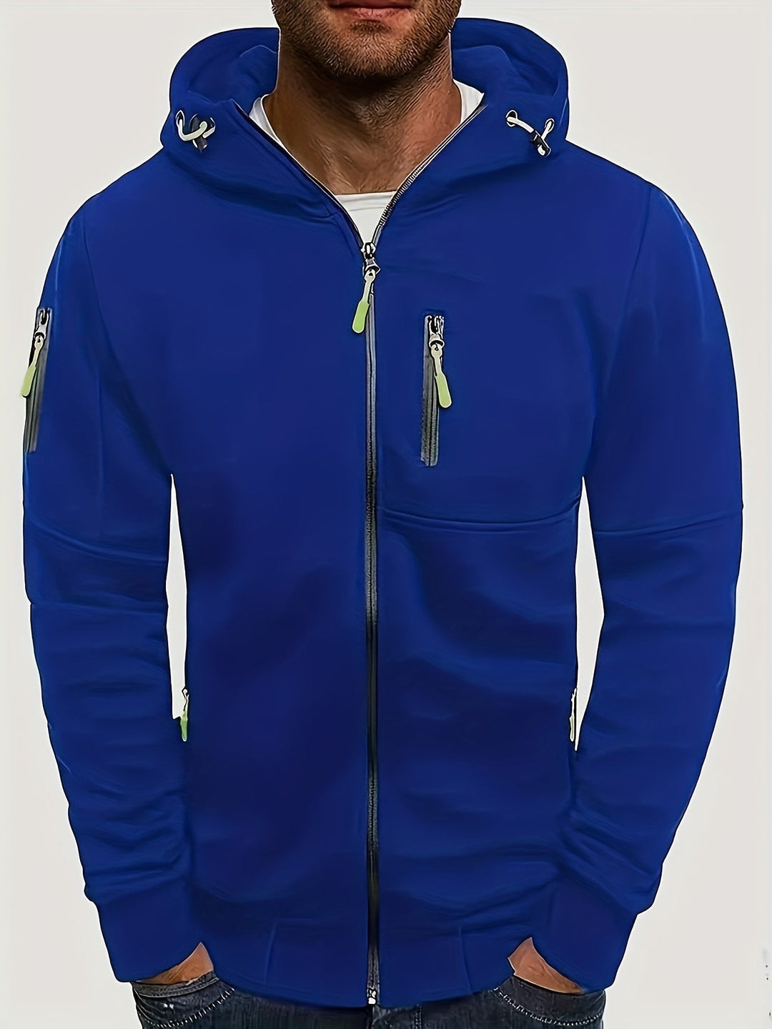 Men's hooded full-zip jacket with multiple zipped pockets and ribbed trims