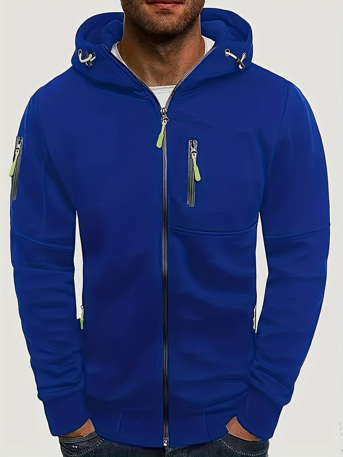Men's hooded full-zip jacket with multiple zipped pockets and ribbed trims