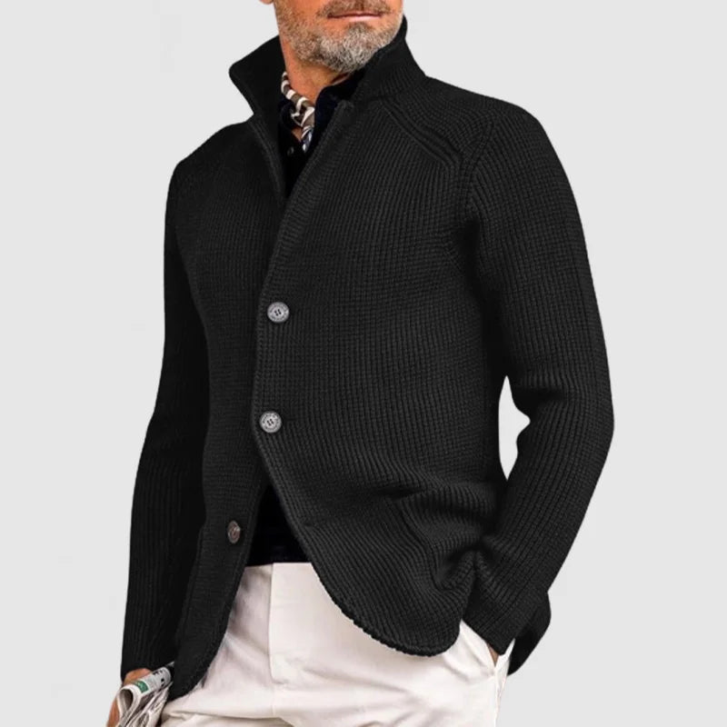 Men's ribbed knit cardigan with stand collar and button front