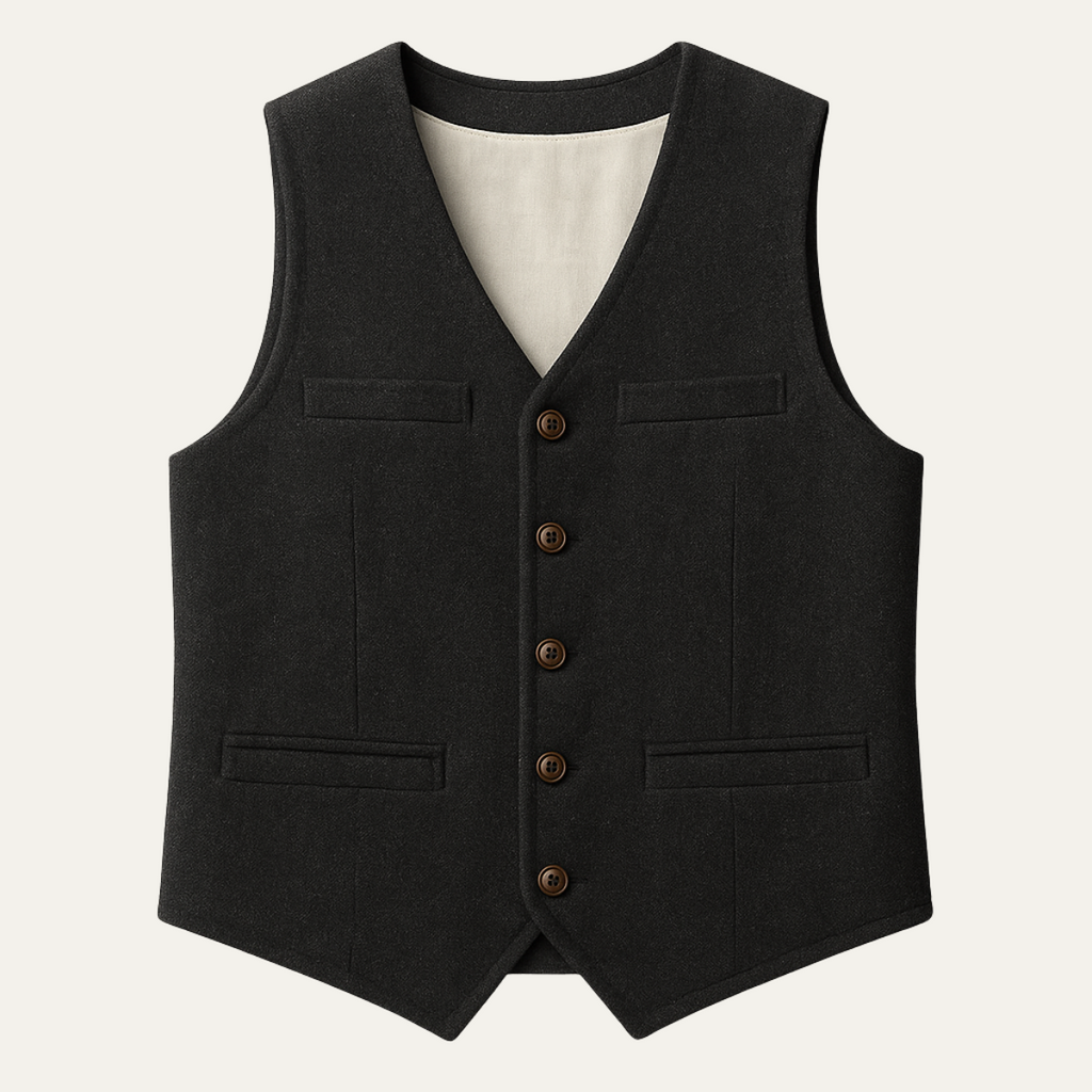 Men's sleeveless textured vest with V-neckline, buttons and front welt pockets