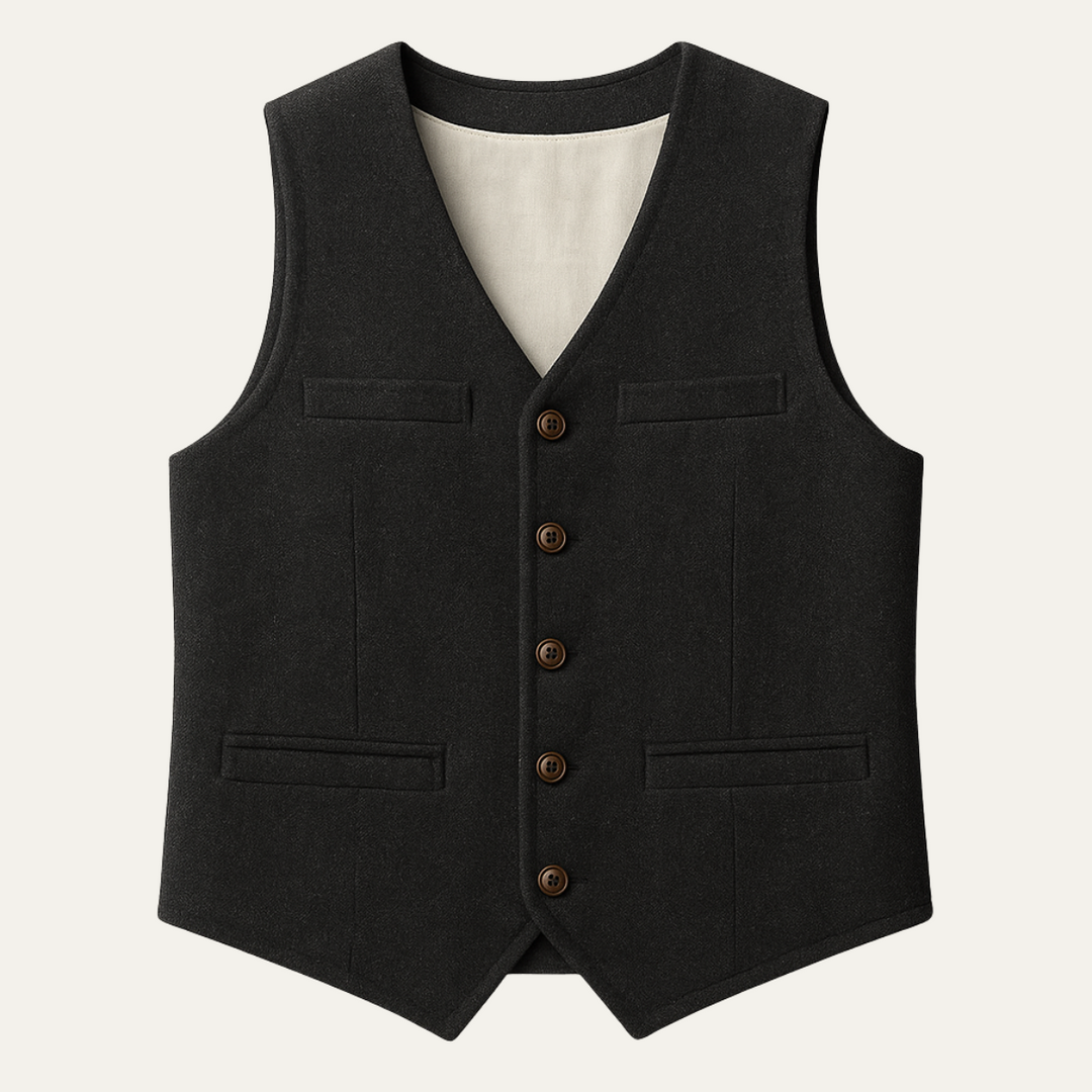 Men's sleeveless textured vest with V-neckline, buttons and front welt pockets