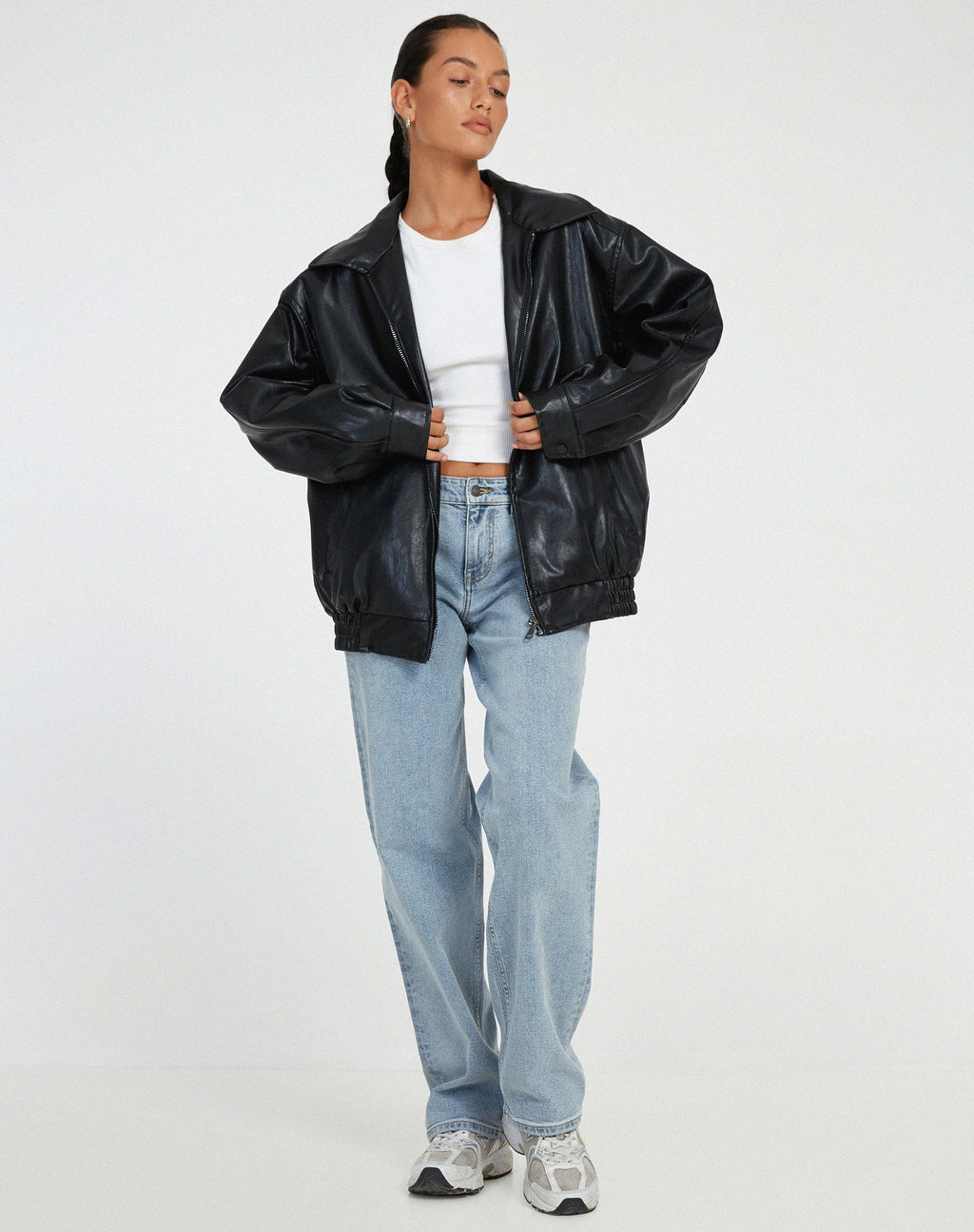 Women's oversized bomber jacket with collared neckline, zip front and elasticated hem