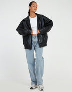 Women's oversized bomber jacket with collared neckline, zip front and elasticated hem