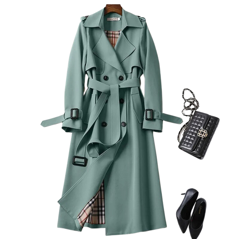 Women's long belted trench coat with double-breasted buttons, lapels and cuff straps