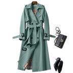 Women's long belted trench coat with double-breasted buttons, lapels and cuff straps