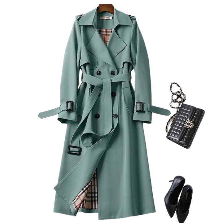 Women's long belted trench coat with double-breasted buttons, lapels and cuff straps
