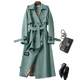 Women's long belted trench coat with double-breasted buttons, lapels and cuff straps