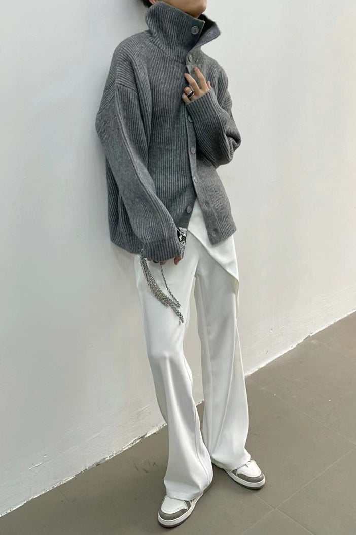 Women's ribbed button-front cardigan with mock neck and long sleeves
