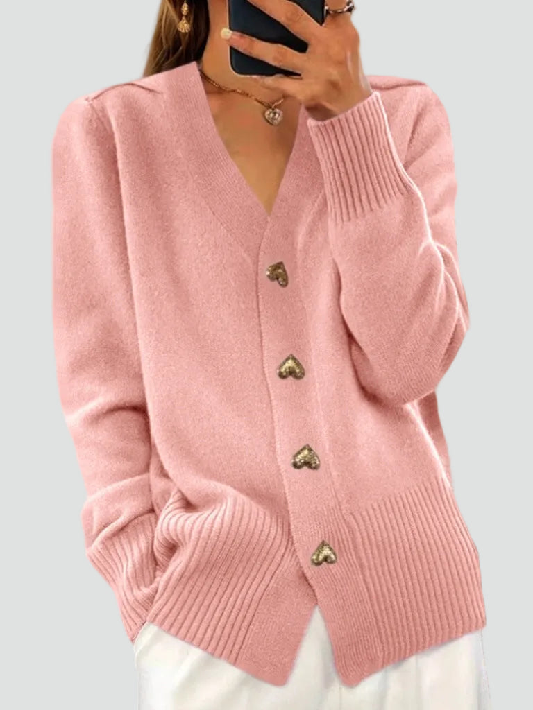 Women's long-sleeved V-neck button cardigan with ribbed trims and front pockets