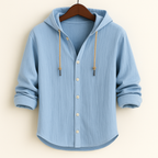 Hooded button-front shirt with long sleeves and curved hem