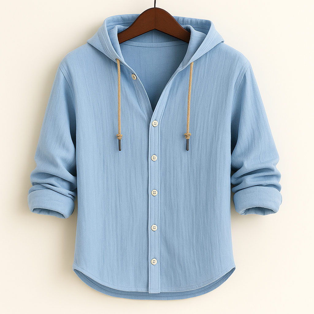 Hooded button-front shirt with long sleeves and curved hem