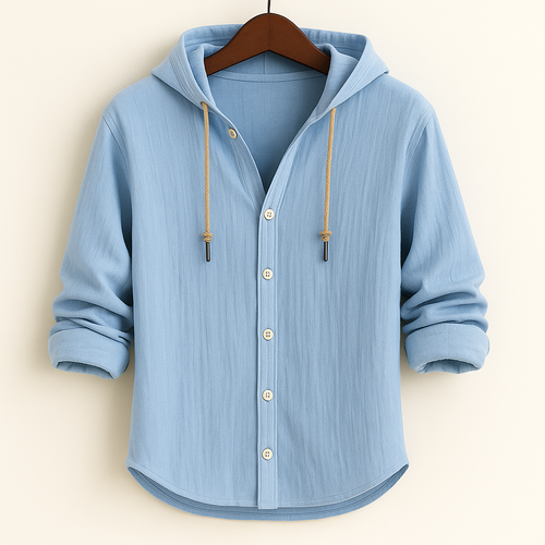 Hooded button-front shirt with long sleeves and curved hem