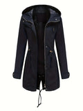 Women's long hooded parka jacket with drawstring waist, long sleeves and front zip