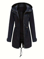Women's long hooded parka jacket with drawstring waist, long sleeves and front zip