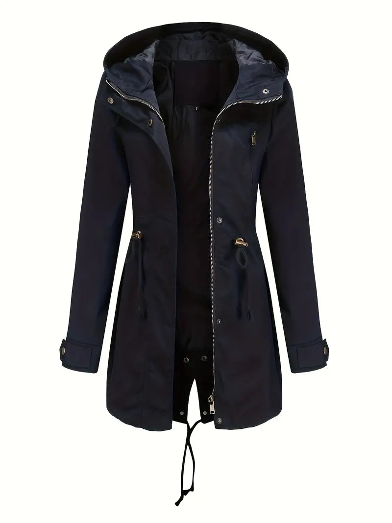 Women's long hooded parka jacket with drawstring waist, long sleeves and front zip