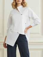 Women's white asymmetric button front blouse with long sleeves