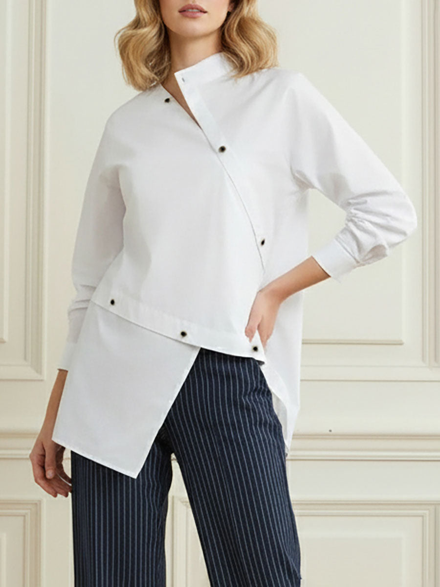 Women's white asymmetric button front blouse with long sleeves