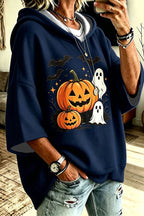 Women's oversized hooded top with pumpkin, bat and ghost Halloween graphic