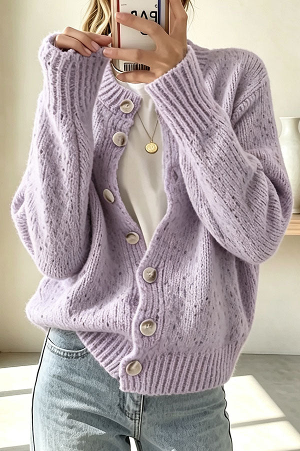 Women's knitted cardigan with scattered dots, long sleeves and button front