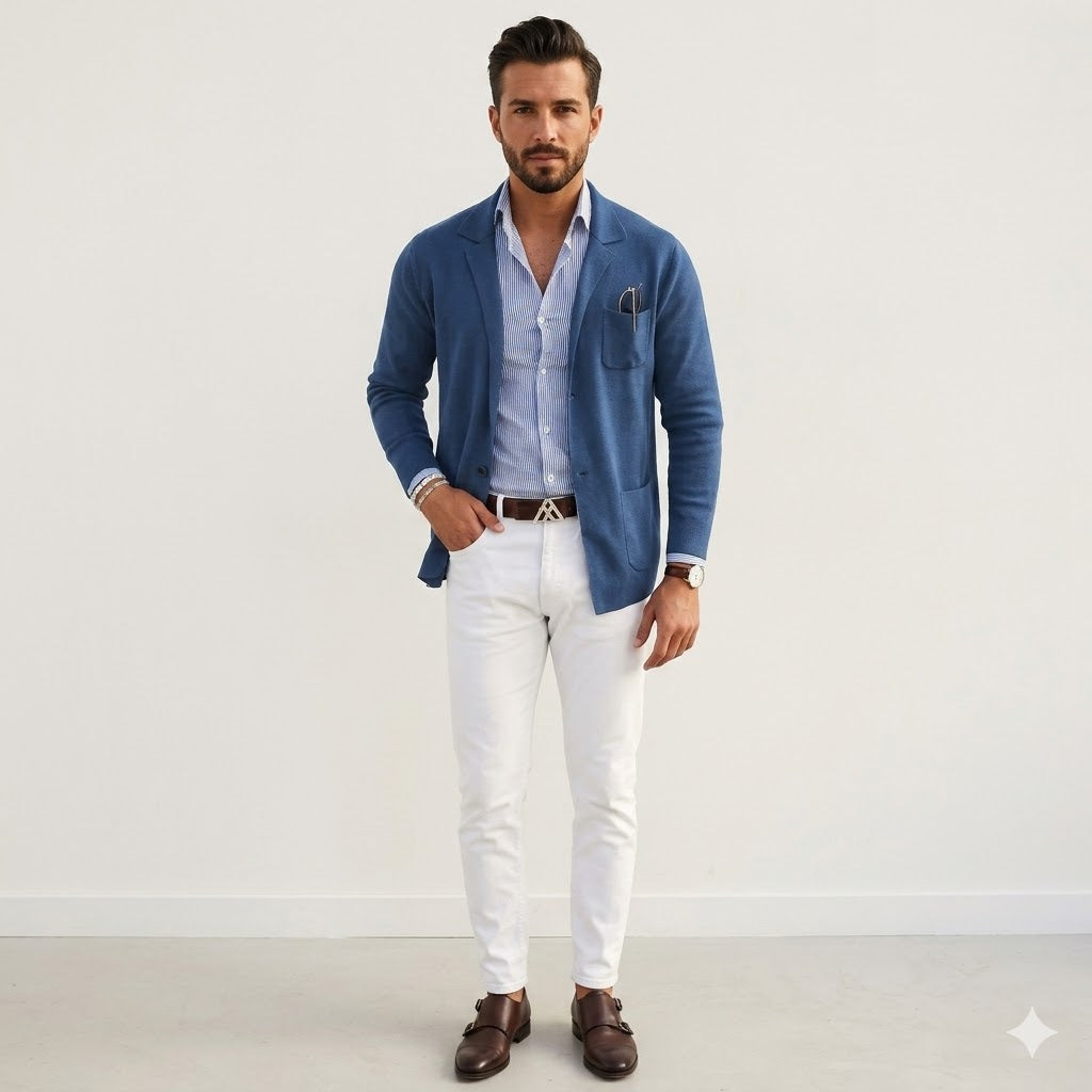 Men's long-sleeve knit blazer with notch lapels, button front and patch pockets