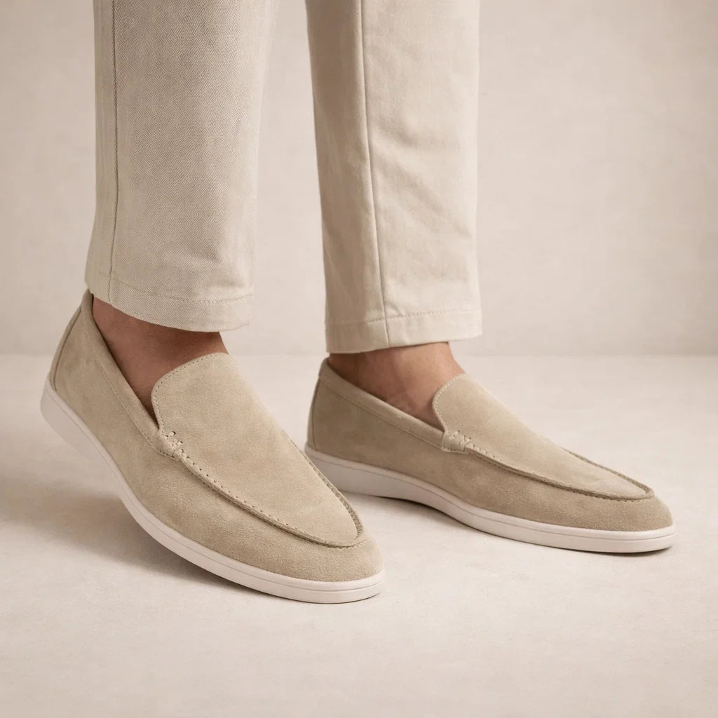 Men's slip-on moc toe loafers with flat white soles