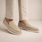 Men's slip-on moc toe loafers with flat white soles