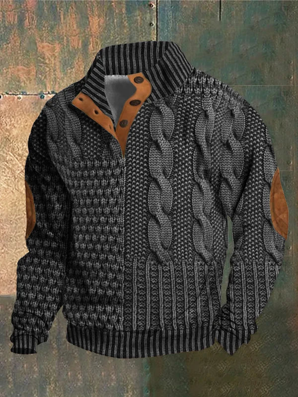 Men's patterned cable knit sweater with button collar