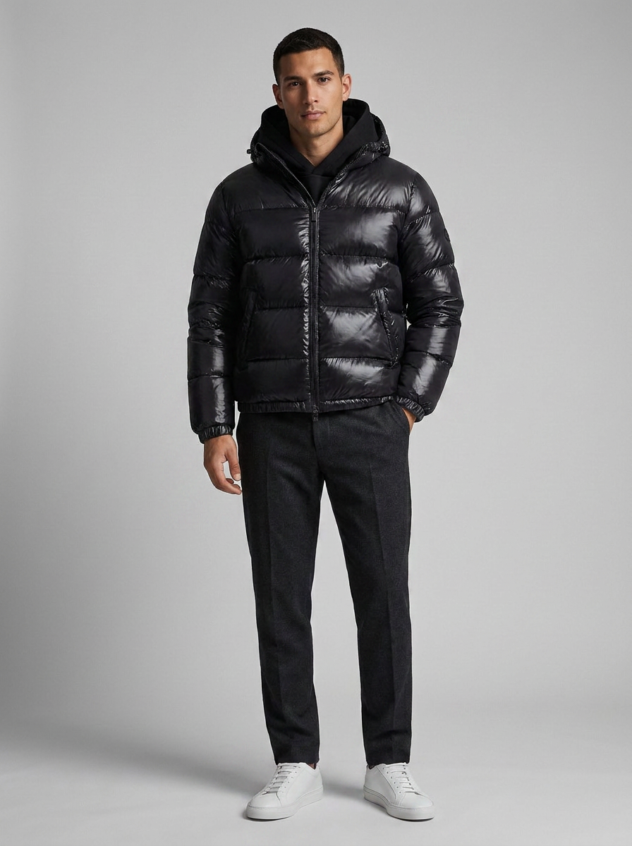 Men's hooded quilted puffer jacket with zip front and front pockets
