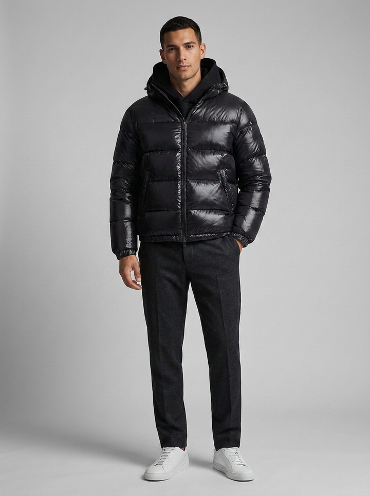 Men's hooded quilted puffer jacket with zip front and front pockets