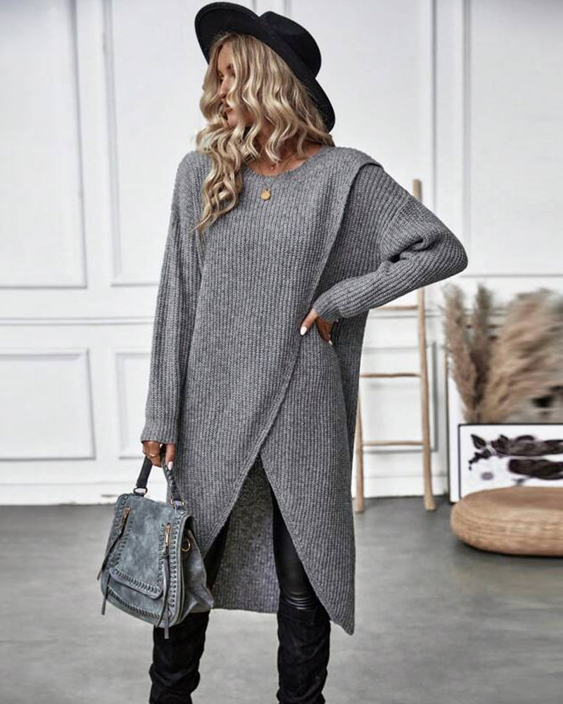 Women's long plain sweater dress with round neck, long sleeves and asymmetric hem