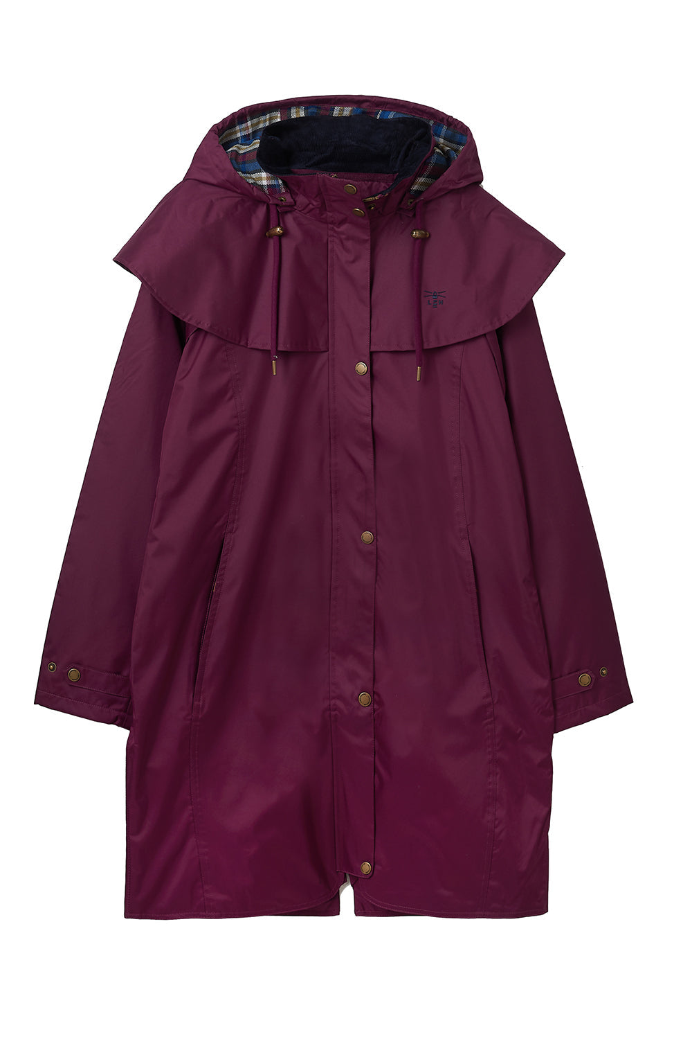 Women's hooded long raincoat with cape overlay and button front