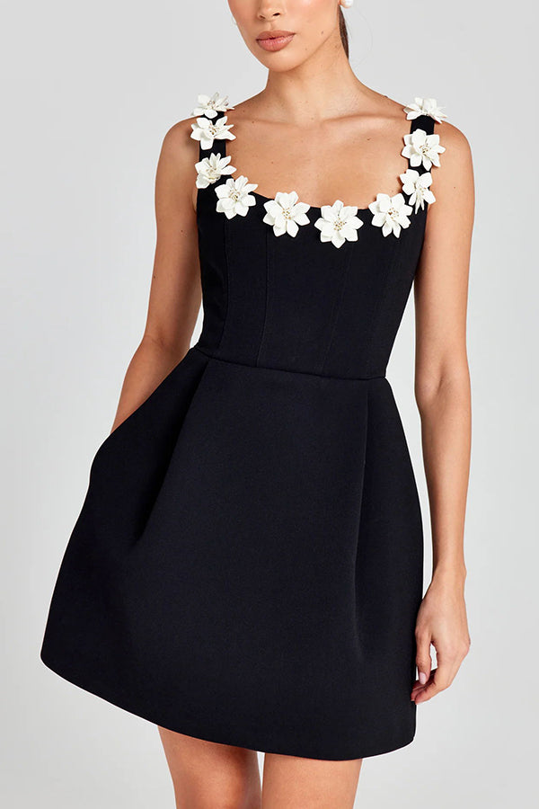 Women's square-neck mini dress with floral appliques and side pockets
