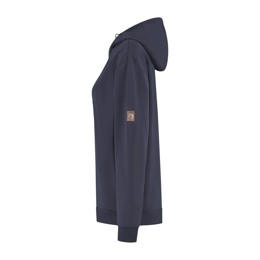 Women's navy hooded sweatshirt with long sleeves, ribbed trims and chest emblem